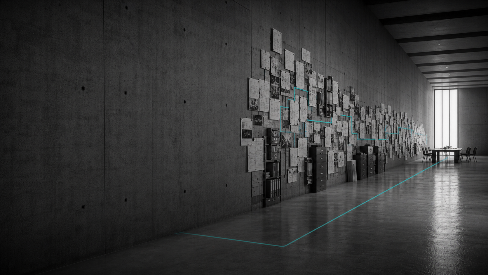 A cyan route organizing fragmented expert knowledge into one buyer journey